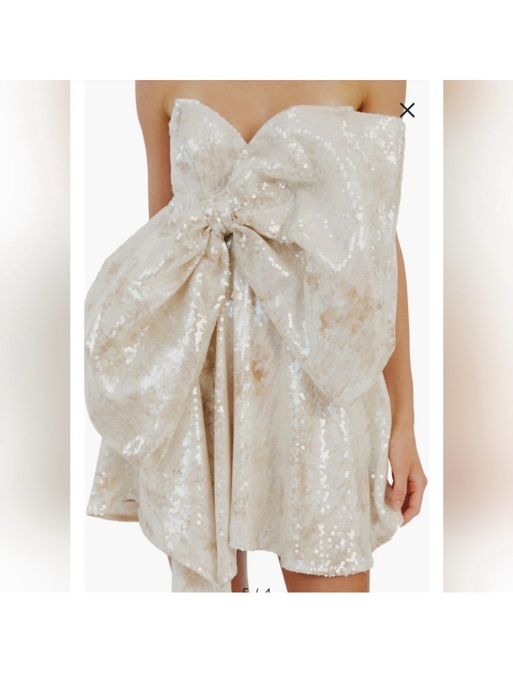 Bardot Champagne Sequin Strapless Mini Dress with Oversized Bow